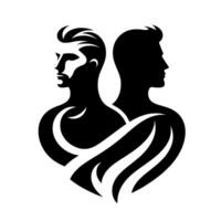 Dual Silhouette A striking black and white features two male figures mirroring each other in profile, with a stylized heartlike embrace. vector