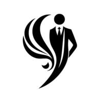 Dynamic Black and White Silhouette of a Businessman in a Suit with Flowing, Ornamental Element. vector