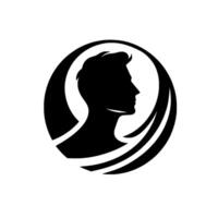 Silhouette of a Mans Profile within a Circle and Curving Lines on White Background, Representing Style, Identity, and . vector