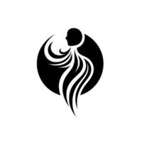 Silhouette of a human form with flowing tendrils enclosed in a black circle, minimalist . vector