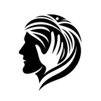 Symbolic black and white featuring a human profile, partially obscured by a white hand within stylized hair, representing care. vector