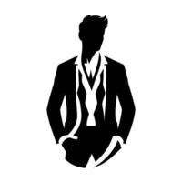 Stylish Black Silhouette of a Man in a Suit and Tie, Hands in Pockets, Modern, Minimalist . vector
