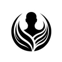 Silhouetted figure within a circular , featuring winglike elements, and radiating an aura of serenity and abstract symbolism, evoking concepts of growth and support. vector
