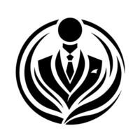 A striking, symmetrical of a suited figure, encased in a circular frame with stylized, flowing lines, rendered in bold black against a pristine white background. vector