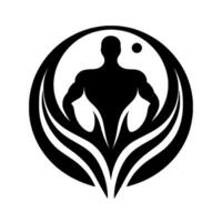 Black and white emblem of a muscular figure enclosed in a circular with stylized plantlike elements, symbolizing strength and growth. vector