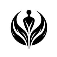 Silhouette of a humanlike figure, enveloped by organic leaflike forms, forming a symmetrical, abstract emblem on a white backdrop, suggesting growth and harmony. vector