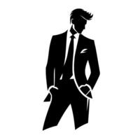 Silhouette of a stylish man in a tailored black suit, looking down with hands in pockets, on a white background. vector
