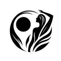 Silhouette of a woman with raised arm, within a circle with a sun and plantlike elements, evoking peace and nature. vector