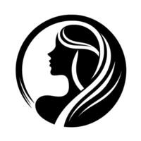 Elegant Black and White Silhouette of a Womans Profile and Flowing Hair Enclosed Within a Circular Frame, Representing Beauty. vector