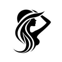 Elegant Silhouette of a Woman in a WideBrimmed Hat, with Flowing Hair and Upraised Arm, Against a White Background vector