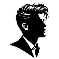 Silhouette of a stylish man in a suit, profile view, showcasing modern pompadour hairstyle, stark black and white contrast on white background. vector