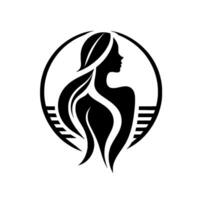 Elegant Silhouette of Womans Profile Within a Circle, Featuring Flowing Hair and Abstract Lines, Representing Beauty. vector