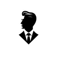 A stylized, monochrome silhouette of a man in profile, dressed in a suit and tie, showcasing a retromodern aesthetic against a pure white background. vector