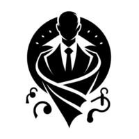Elegant monochrome of a suited man inside a black circle, with musical symbols and a flowing . vector
