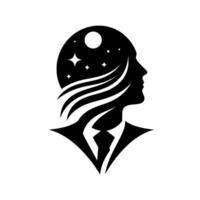 Silhouette of a Minds Cosmos Head Profile with Night Sky Within, Stars, Moon, and Business Attire in Black and White. vector