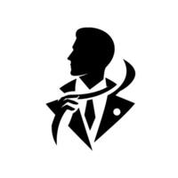 A stylized, minimalist black and white silhouette of a man in a suit, adjusting his tie with a sense of refined elegance and modern flair. vector