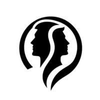 Silhouette emblem of two faces in profile, intertwined within a circular, black , symbolizing unity. vector