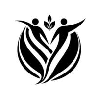 A stylized featuring two silhouetted figures reaching out, with leaves, within a curved shape symbolizing growth, connection, and harmony. vector