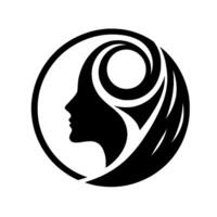 Stylized black silhouette of a womans profile within a circular frame, adorned with flowing, artistic swirls suggesting hair or flowing elements, representing beauty and grace. vector