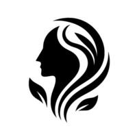 Elegant Silhouette of a Womans Profile with Flowing Hair and Leaf Accents, a Monochromatic, Minimalist . vector