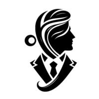 Silhouette of a Stylish Person in a Business Suit with Flowing Hair and Geometric Elements, Isolated on White. vector