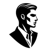 black and white illustration of a stylized man in a suit, profile portrait, bold lines and strong contrast. vector