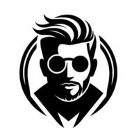 Stylish Black and White Portrait of a Modern Man with Beard, Sunglasses, and Dynamic Hair, Framed within an Ornamental Oval. vector