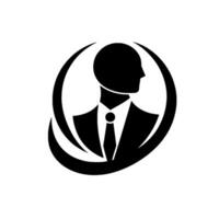 A stylized, black and white minimalist of a businessmans silhouette in profile, enclosed within orbiting arcs, signifying professionalism and leadership. vector