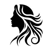 A minimalist, elegant silhouette of a womans profile with flowing, stylized hair against a stark white background, evoking a sense of beauty and grace. vector