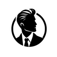 Stylish black and white silhouette of a man in a suit within a circular frame, modern professional . vector
