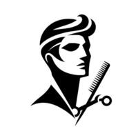 Stylized monochrome portrait of a man, presented as a barbershop , with comb and scissors. vector