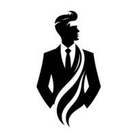 Silhouette of a Stylish Man in a Suit and Tie, with Flowing Elements, Against a Clean White Background. vector
