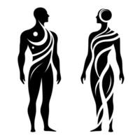 Stylized human figures, male and female, with flowing white line patterns representing energy or interconnectedness, on a white background. vector
