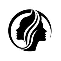 Minimalist Black and White Silhouette of Two Faces, One Mirrored, Enclosed in a Circle, with Flowing Hair Between vector