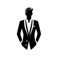 Black and White Illustration of a Suave Man in a Formal Suit, Silhouette Style, Facing Forward. vector