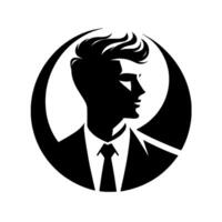 A stylized, black silhouette of a man in a suit and tie, framed within a circular element, showcasing a modern and professional aesthetic. vector