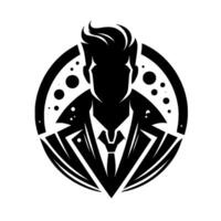 Silhouette of a sharply dressed man in a suit, framed by a dotted circular emblem, evoking a sense of mystery and sophistication. vector