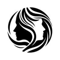 Yin Yang Silhouette Intertwined Faces with Flowing Hair in Circular Arrangement. Black and White . vector