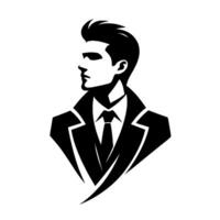Stylish black and white illustration of a sophisticated man in a suit, looking off to the side, showing confident demeanor. vector