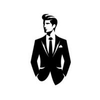 Black and white minimalist illustration of a stylish man in a suit looking to the side with hands in pockets, poised against a clean white background. vector