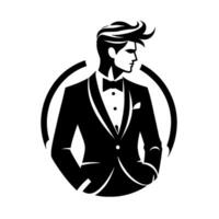 Sleek Black and White Illustration of a Stylish Man in a Tuxedo, Profile View, Inside a Circle. vector