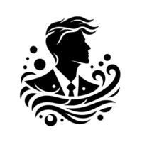 Silhouette of a Man in a Suit Profile, Surrounded by Decorative Swirls and Bubbles, a Minimalist Black and White . vector