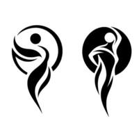 Stylized black and white minimalist featuring graceful human form silhouettes within spherical and crescent shaped elements. vector