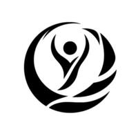 An abstract, stylized black and white depicting a figure with raised arms inside a curved, encircling , symbolizing unity. vector
