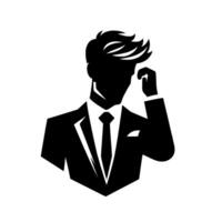 Silhouette of a dapper businessman in a suit, with stylish hair and a thoughtful hand gesture, rendered in bold black against a clean white backdrop. vector