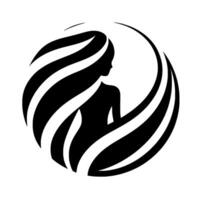 Silhouette of a woman with flowing hair, framed within a circular of curved lines, representing beauty and grace. vector