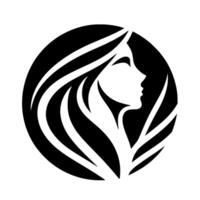 Silhouette of a womans profile with flowing hair, integrated within a circular frame, rendered in stark black and white, evokes elegance and simplicity. vector
