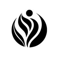 Abstract black and white with a central leaflike shape surrounded by an encompassing circle and topped with a small black dot, suggestive of growth. vector