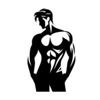 A striking black and white silhouette of a muscular man, showcasing his defined physique, artistic rendition, and powerful stance against white background. vector