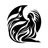 Silhouette of a kneeling woman embraced by abstract leaflike forms within a circular , creating an aura of serenity and nature on a white background. vector